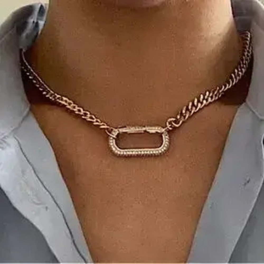 Gold Zircon Rectangular Charm Necklace Chain Link - Picture 2 of 10